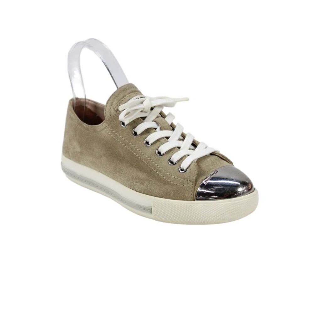Miu Miu Women's Suede Lace-Up Low Top Silver Cap Sneakers Beige Size 36